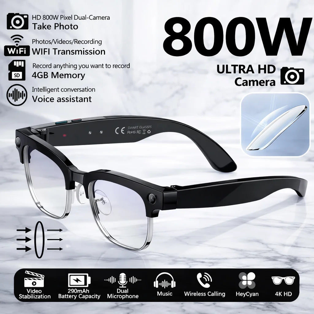 Black VisionAI smart glasses showing premium design details on white background
