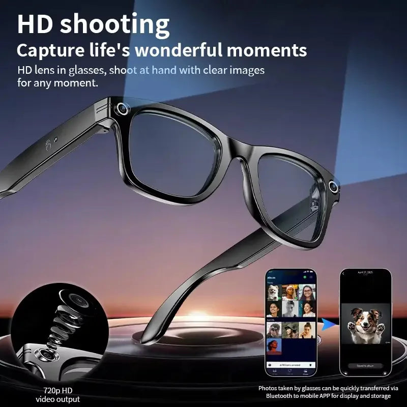 Black VisionAI smart glasses showing premium design details on white background
