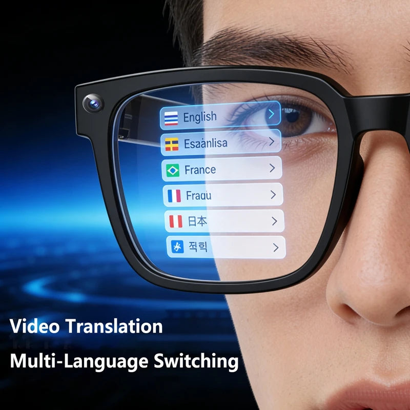 Black VisionAI smart glasses showing premium design details on white background