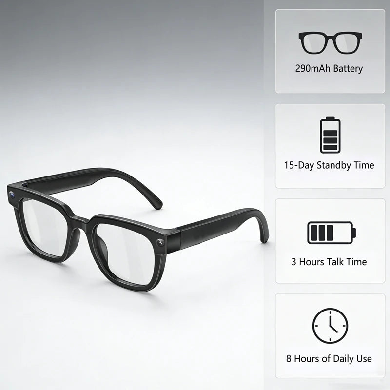 Black VisionAI smart glasses showing premium design details on white background