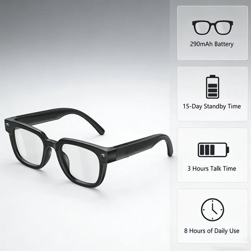 Black VisionAI smart glasses showing premium design details on white background