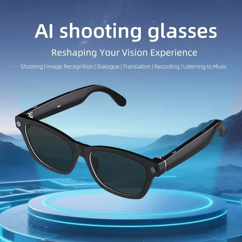 Black VisionAI smart glasses showing premium design details on white background