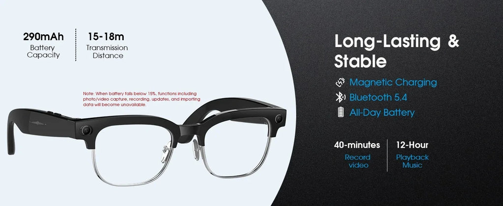 Black VisionAI smart glasses showing premium design details on white background