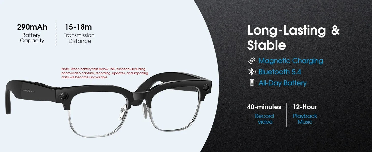Black VisionAI smart glasses showing premium design details on white background