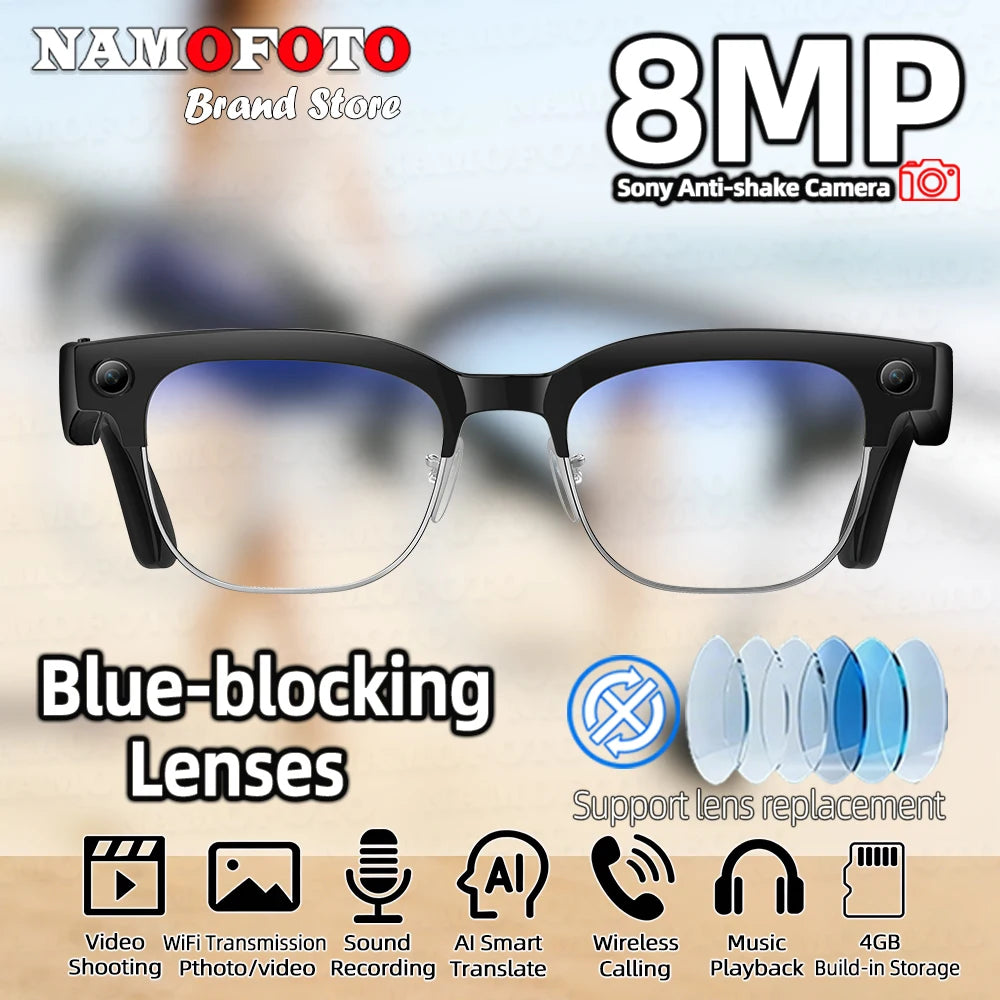 Black VisionAI smart glasses showing premium design details on white background