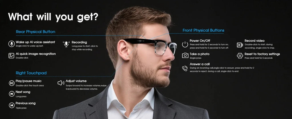Black VisionAI smart glasses showing premium design details on white background