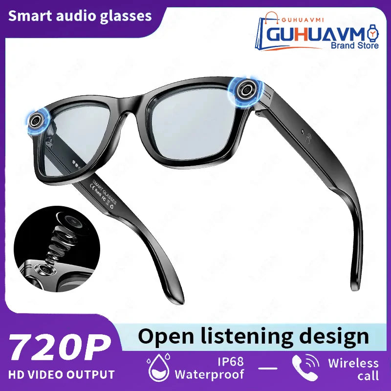 Black VisionAI smart glasses showing premium design details on white background