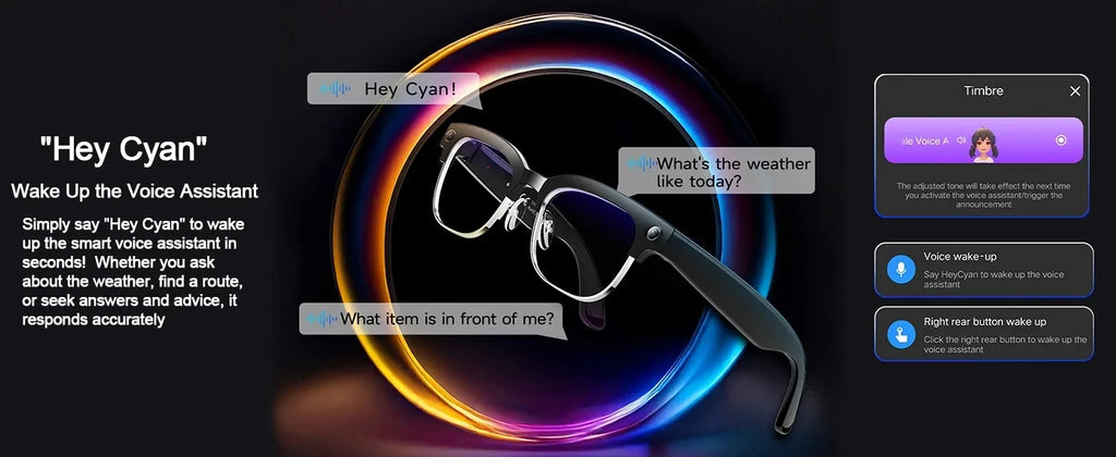 Black VisionAI smart glasses showing premium design details on white background