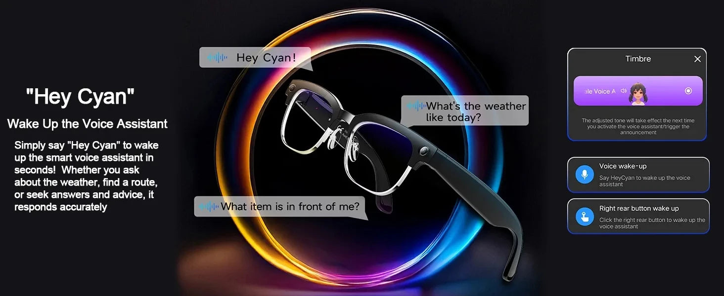 Black VisionAI smart glasses showing premium design details on white background