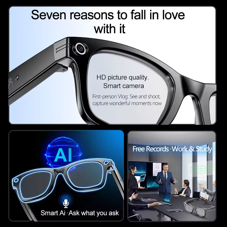 Black VisionAI smart glasses showing premium design details on white background
