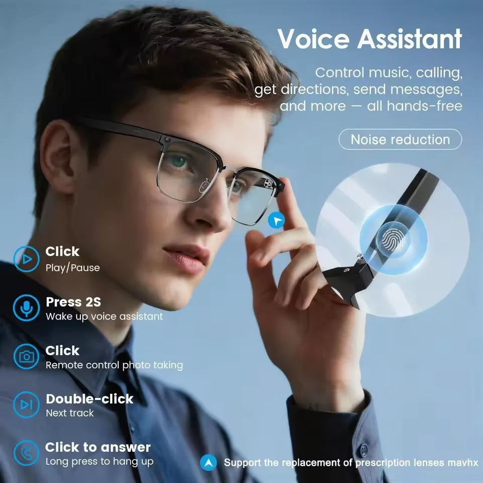Black VisionAI smart glasses showing premium design details on white background