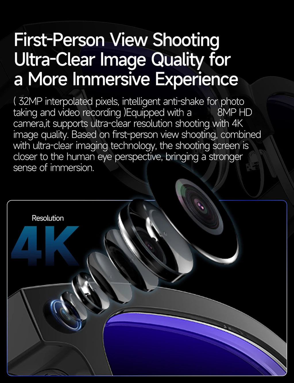 Black VisionAI smart glasses showing premium design details on white background