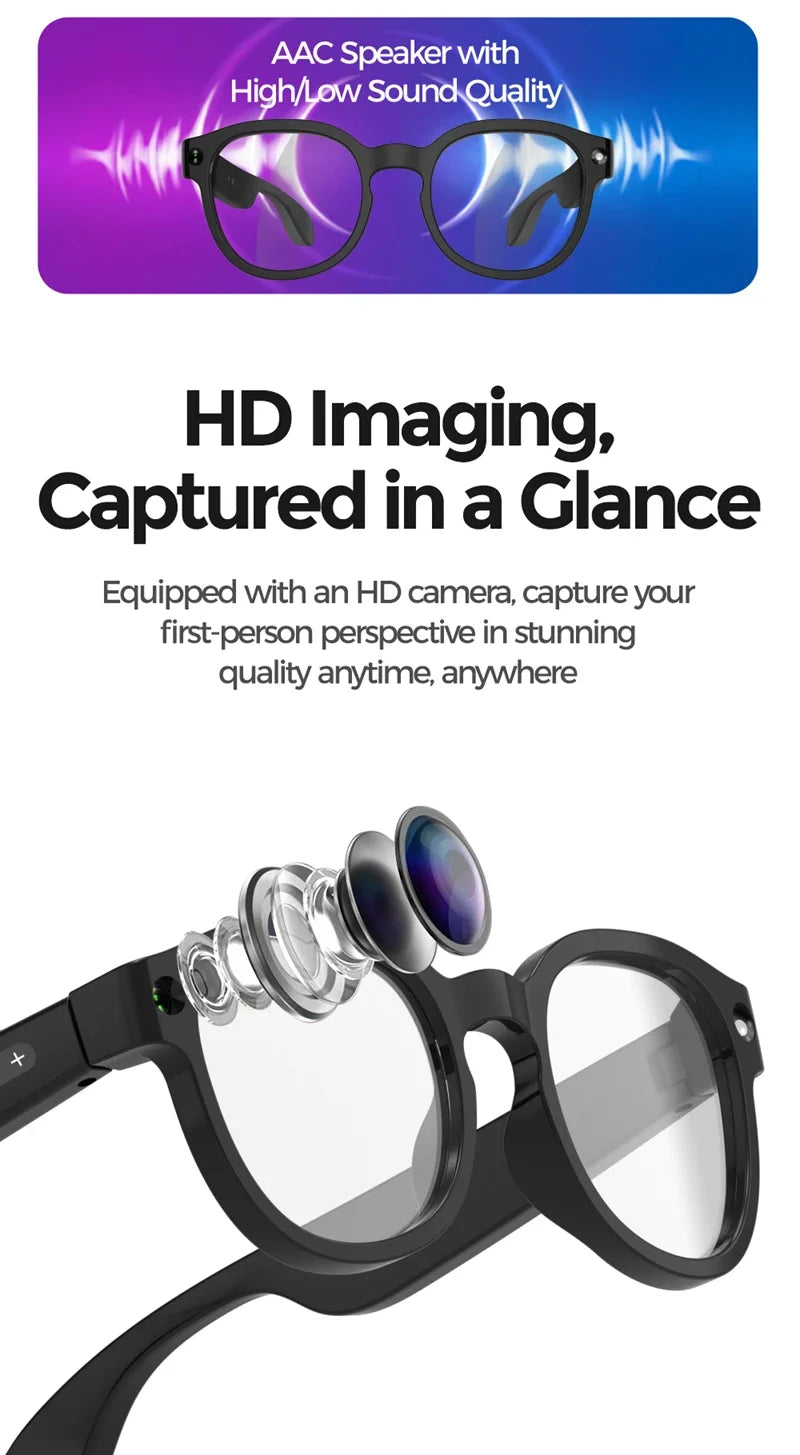 Black VisionAI smart glasses showing premium design details on white background