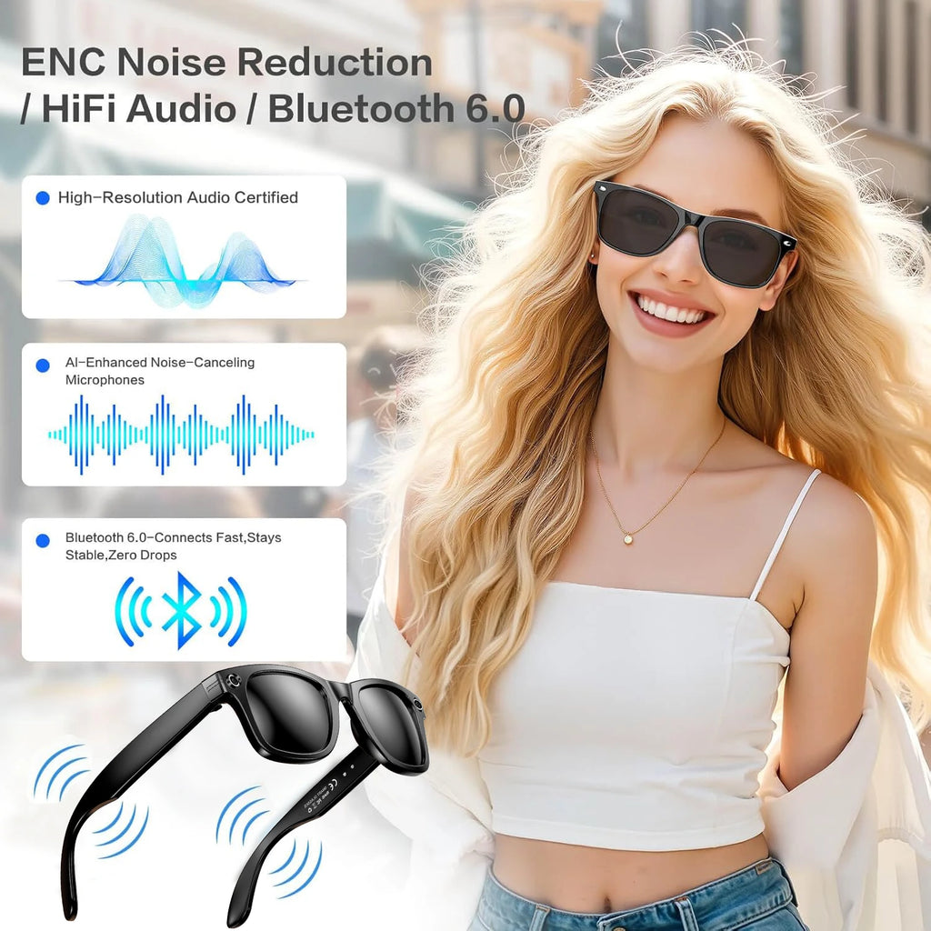 Black VisionAI smart glasses showing premium design details on white background