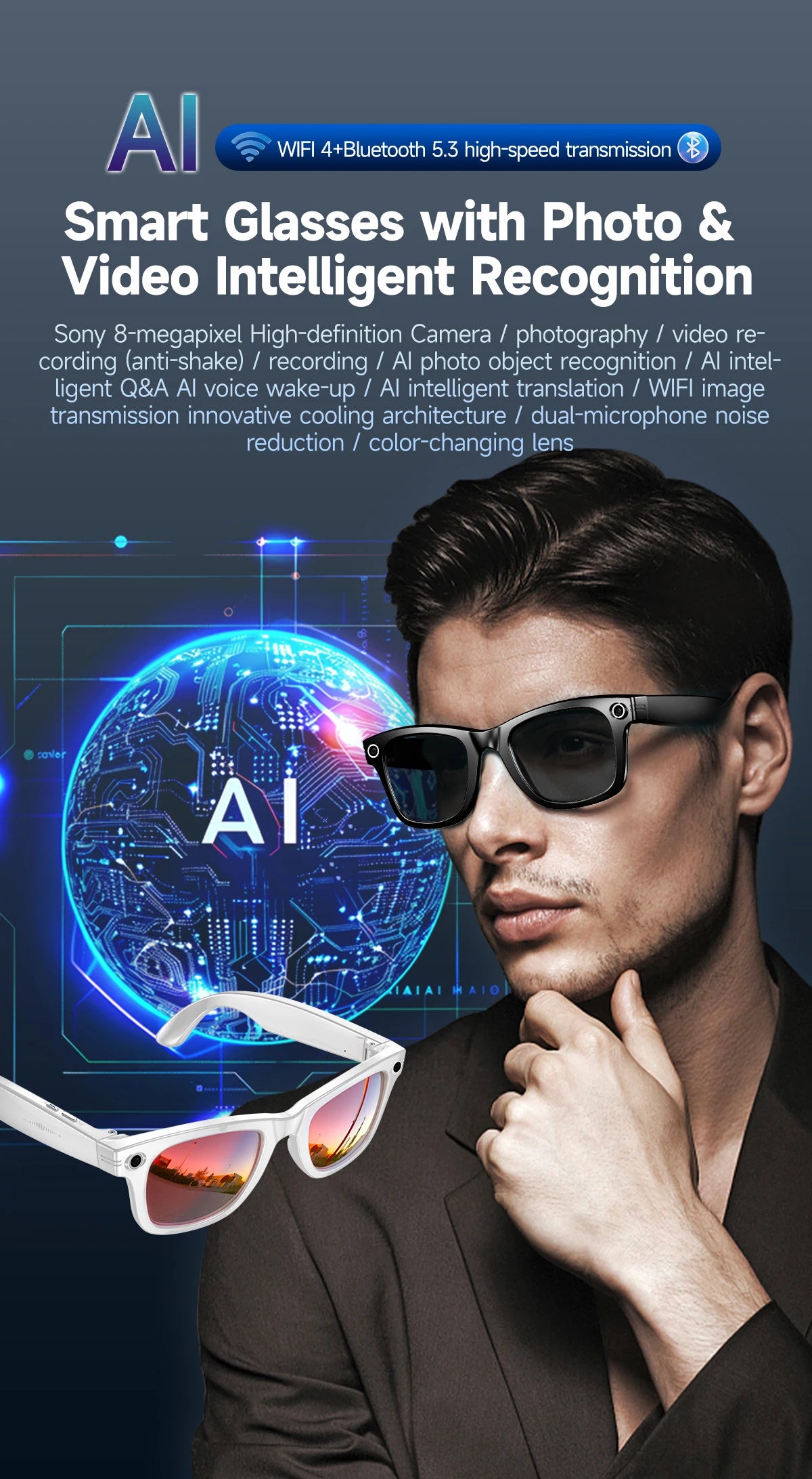 Black VisionAI smart glasses showing premium design details on white background