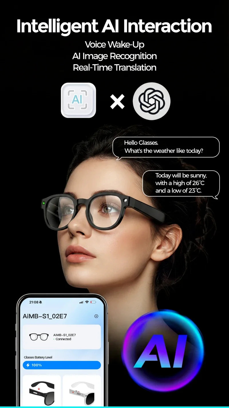 Black VisionAI smart glasses showing premium design details on white background