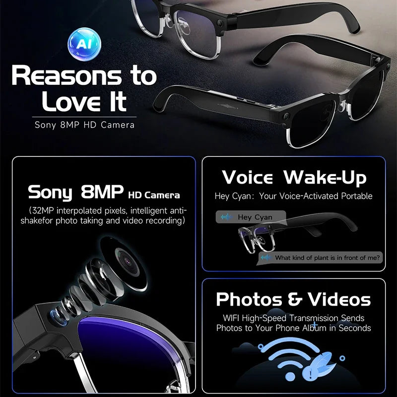 Black VisionAI smart glasses showing premium design details on white background