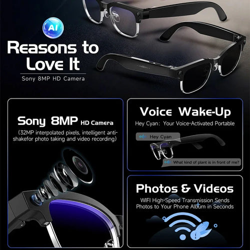 Black VisionAI smart glasses showing premium design details on white background