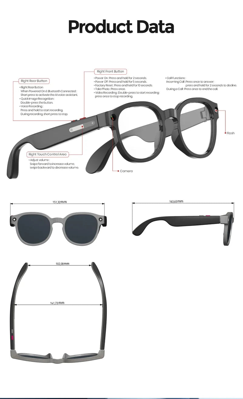Black VisionAI smart glasses showing premium design details on white background