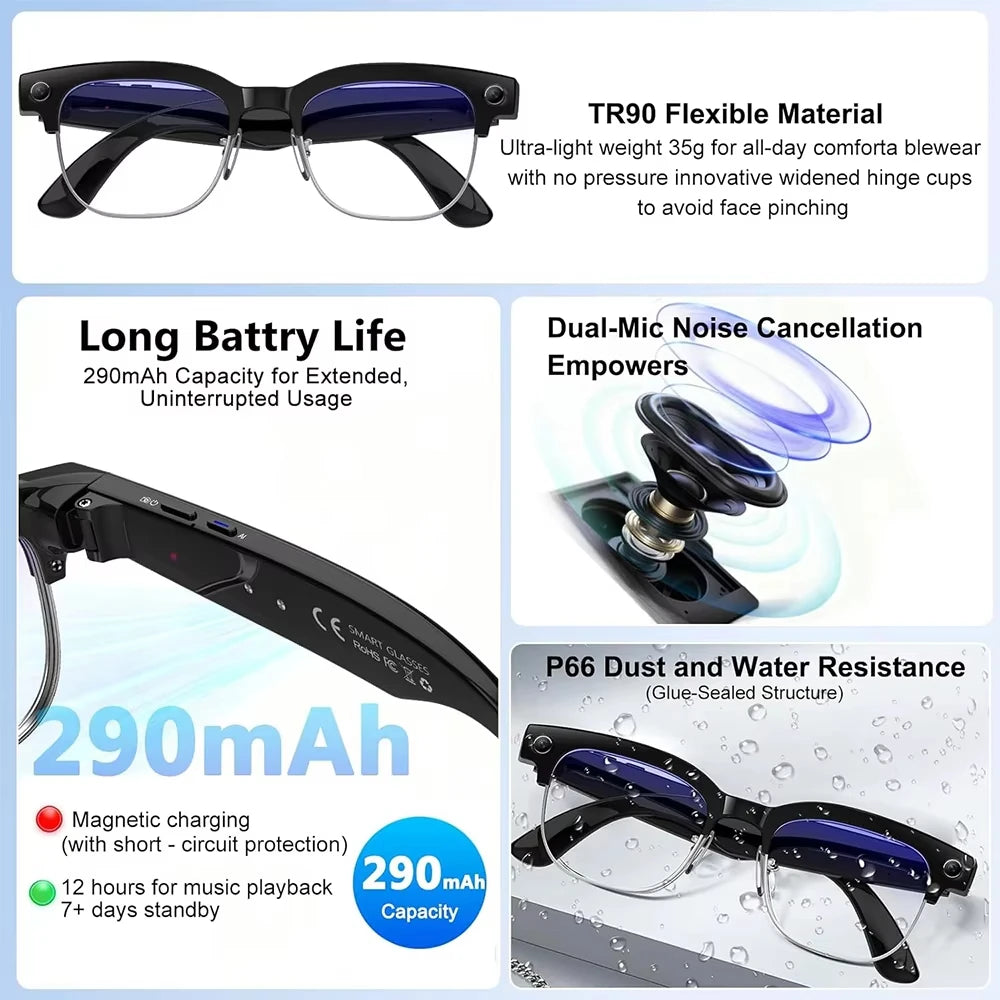 Black VisionAI smart glasses showing premium design details on white background