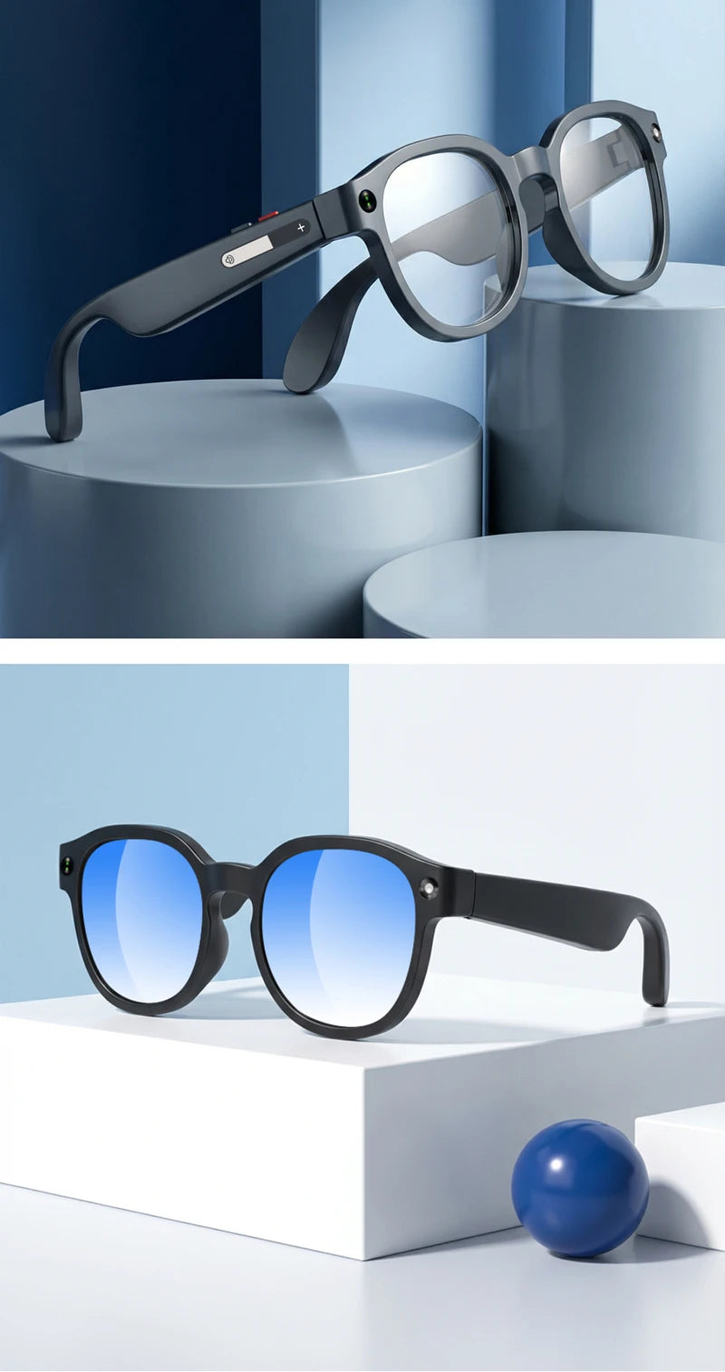 Black VisionAI smart glasses showing premium design details on white background
