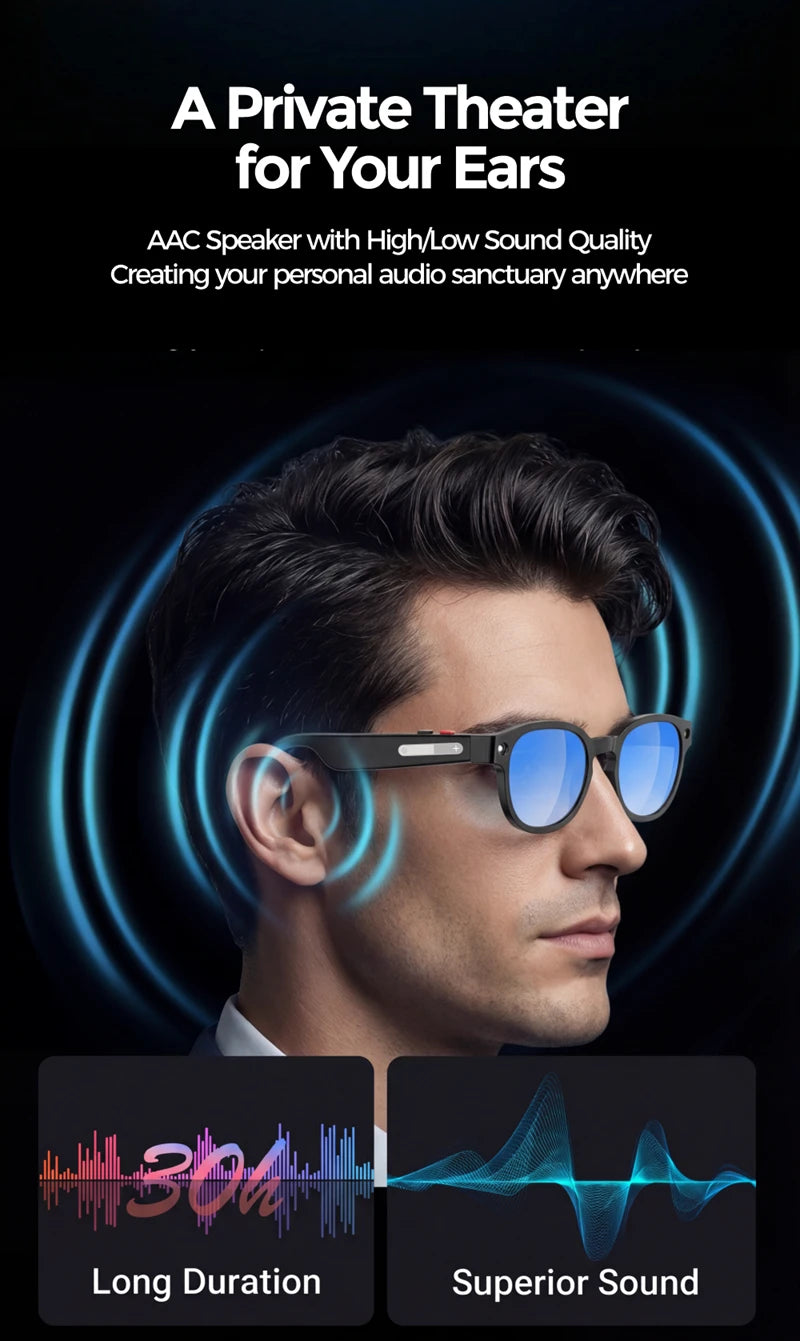 Black VisionAI smart glasses showing premium design details on white background