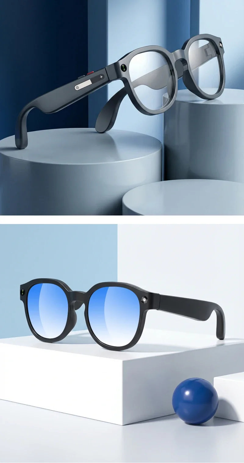 Black VisionAI smart glasses showing premium design details on white background