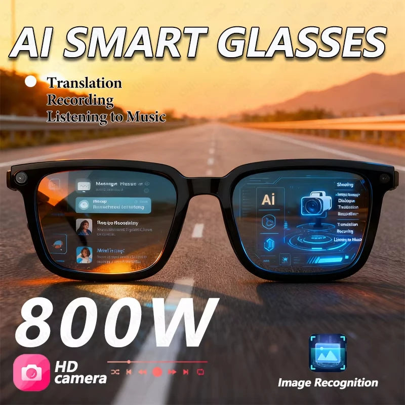 Black VisionAI smart glasses showing premium design details on white background
