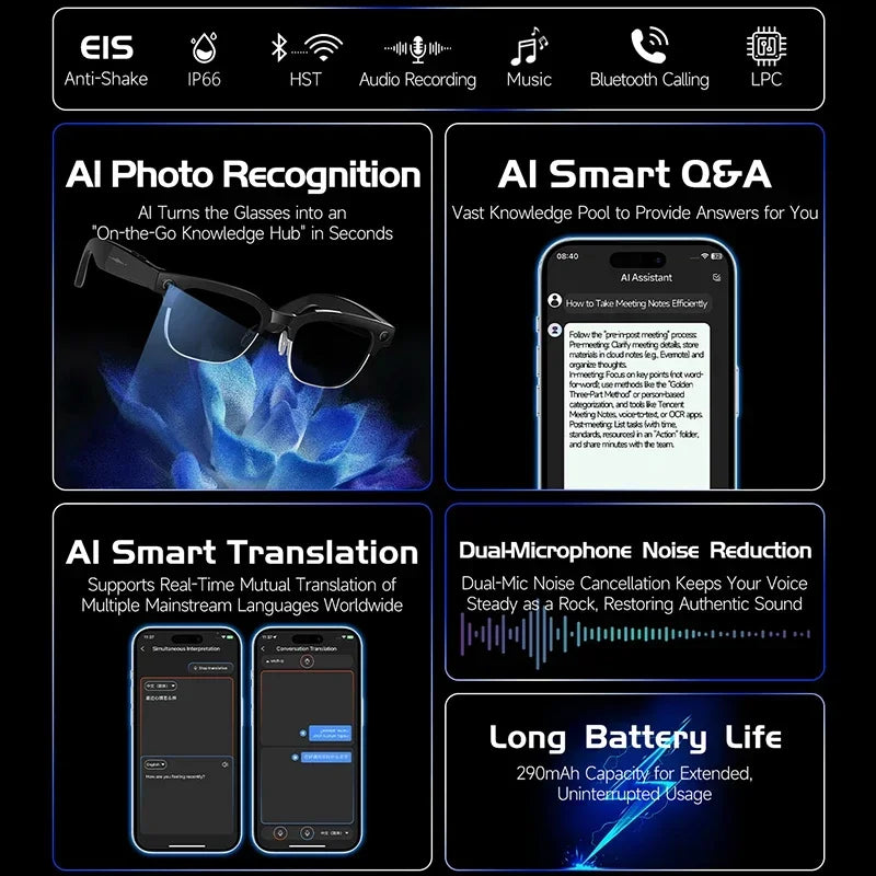 Black VisionAI smart glasses showing premium design details on white background