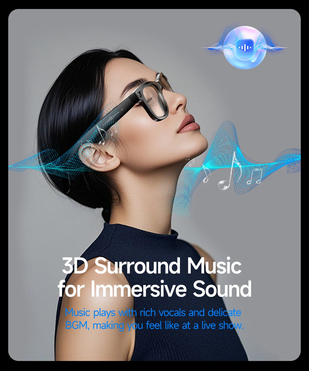 Black VisionAI smart glasses showing premium design details on white background