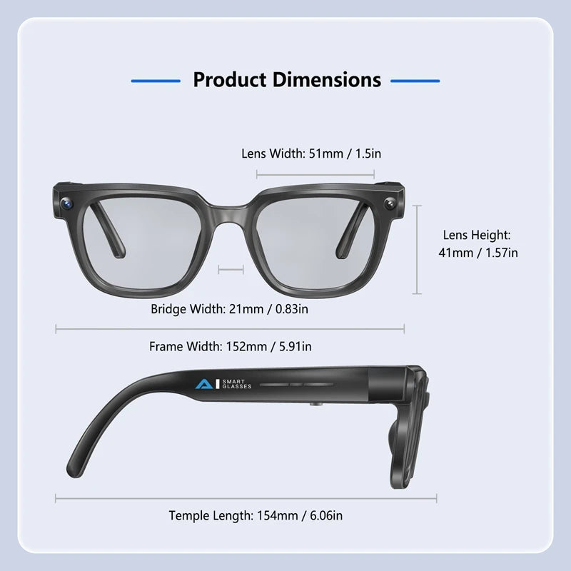 Black VisionAI smart glasses showing premium design details on white background