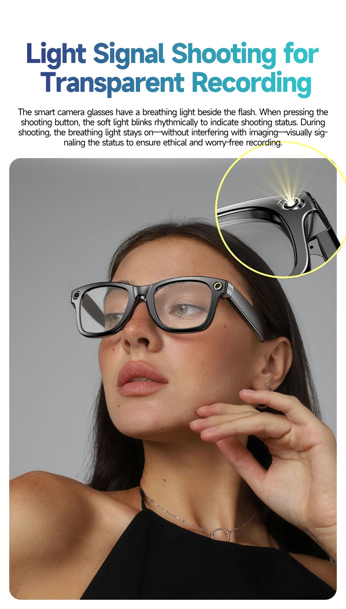 Black VisionAI smart glasses showing premium design details on white background