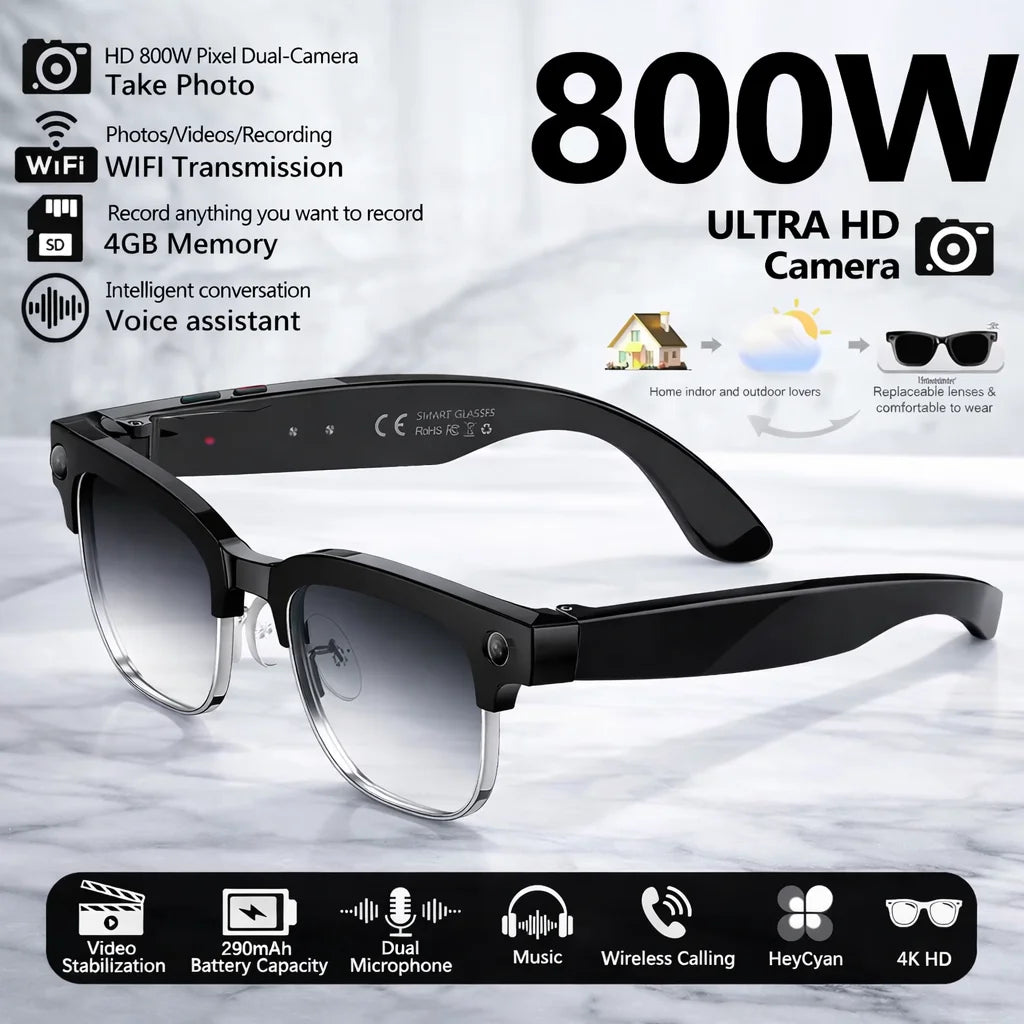 VisionAI Apex smart glasses in a professional matte black finish, designed for creators and business travelers.