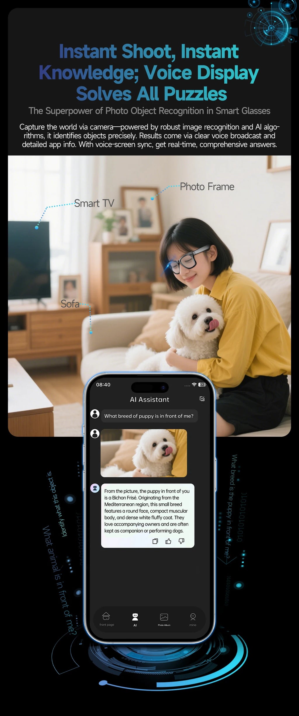 Black VisionAI smart glasses showing premium design details on white background