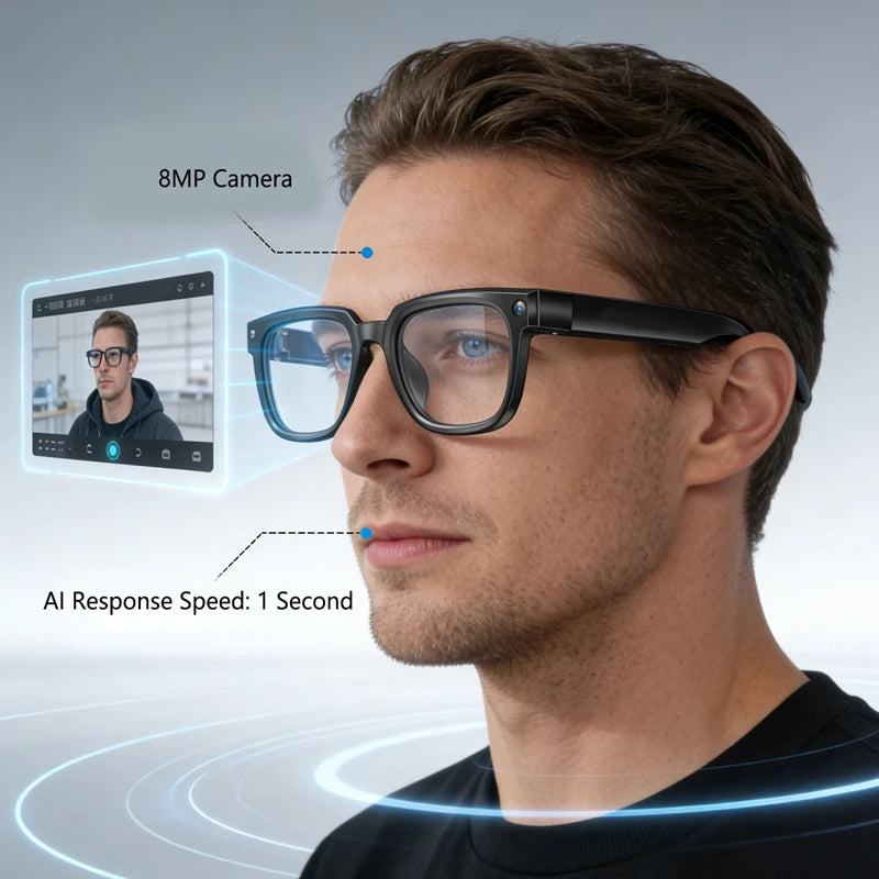 Black VisionAI smart glasses showing premium design details on white background