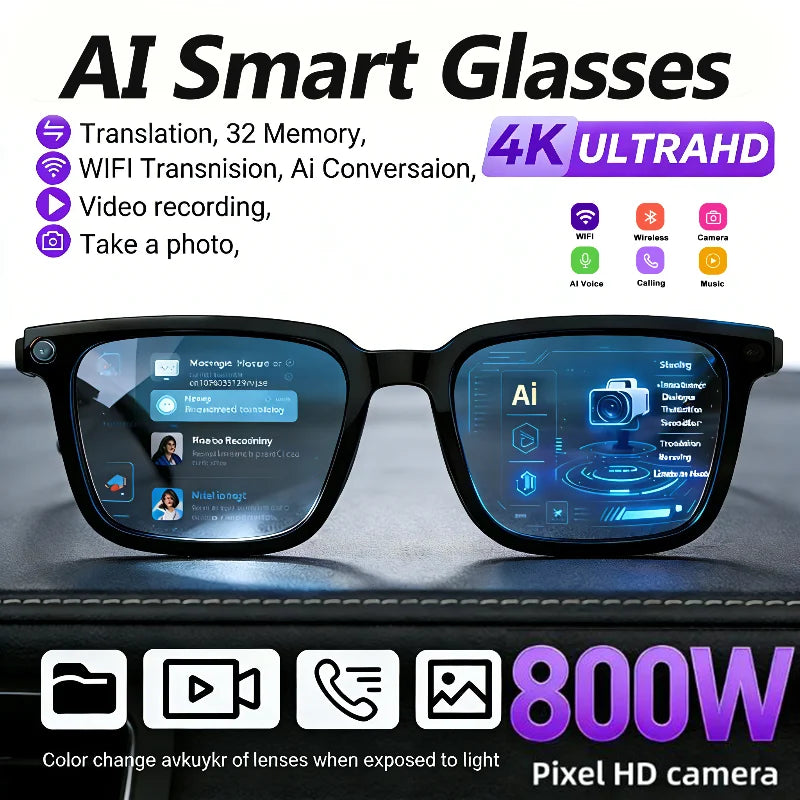 Black VisionAI smart glasses showing premium design details on white background