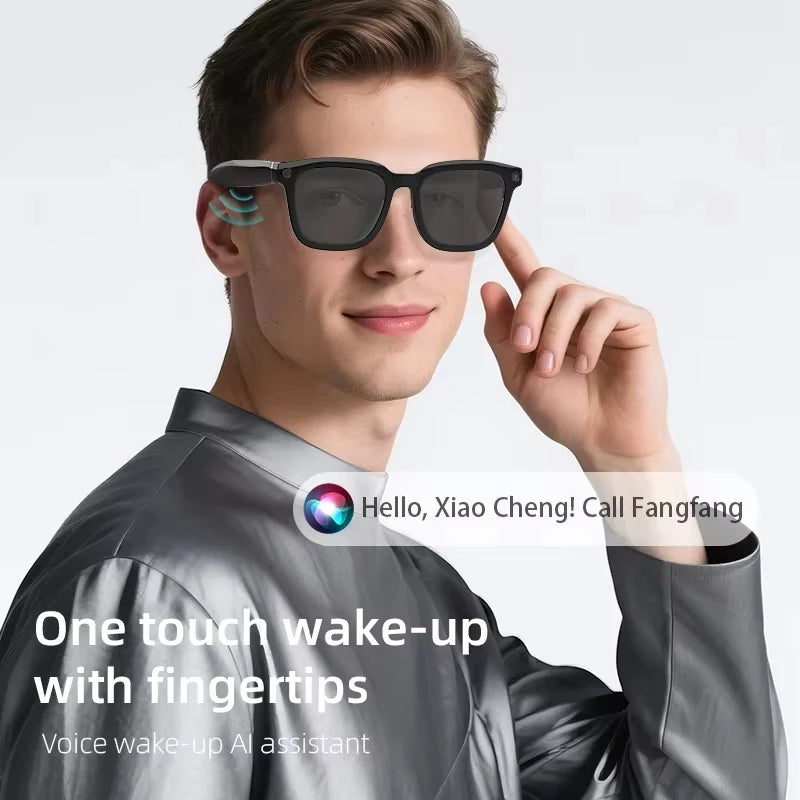 Black VisionAI smart glasses showing premium design details on white background