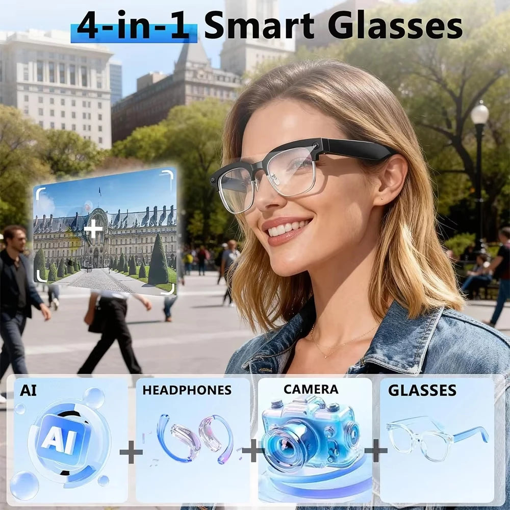 Black VisionAI smart glasses showing premium design details on white background