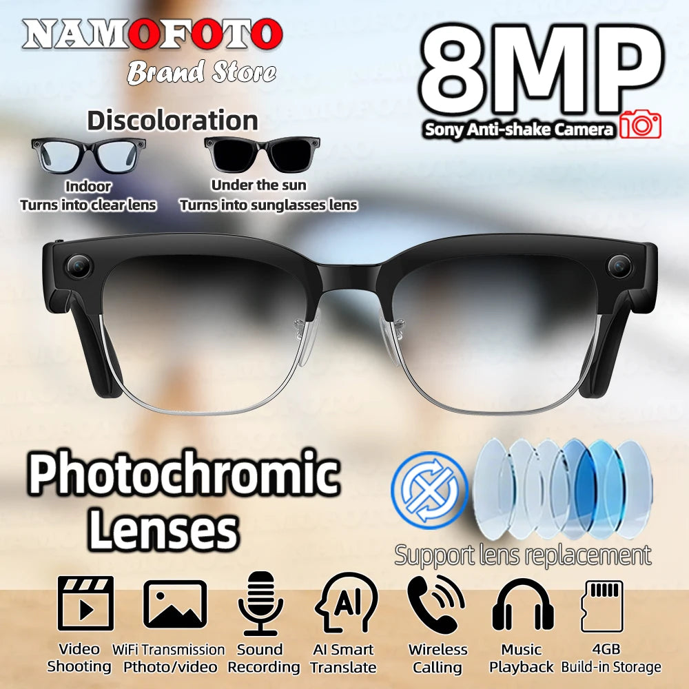 Black VisionAI smart glasses showing premium design details on white background
