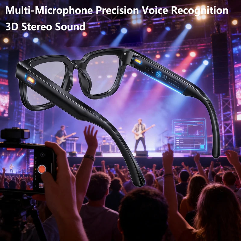 Black VisionAI smart glasses showing premium design details on white background