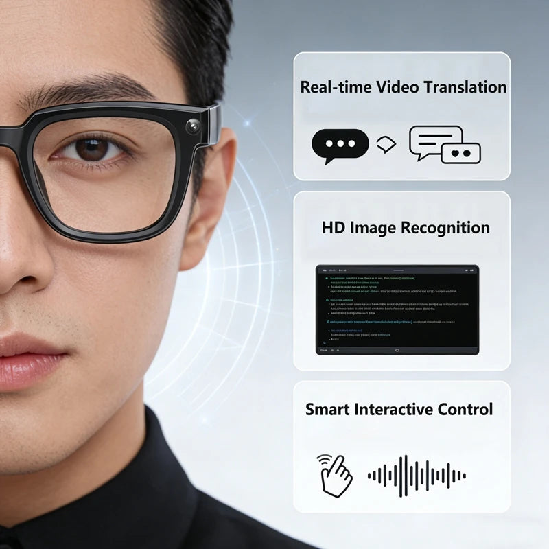 Black VisionAI smart glasses showing premium design details on white background