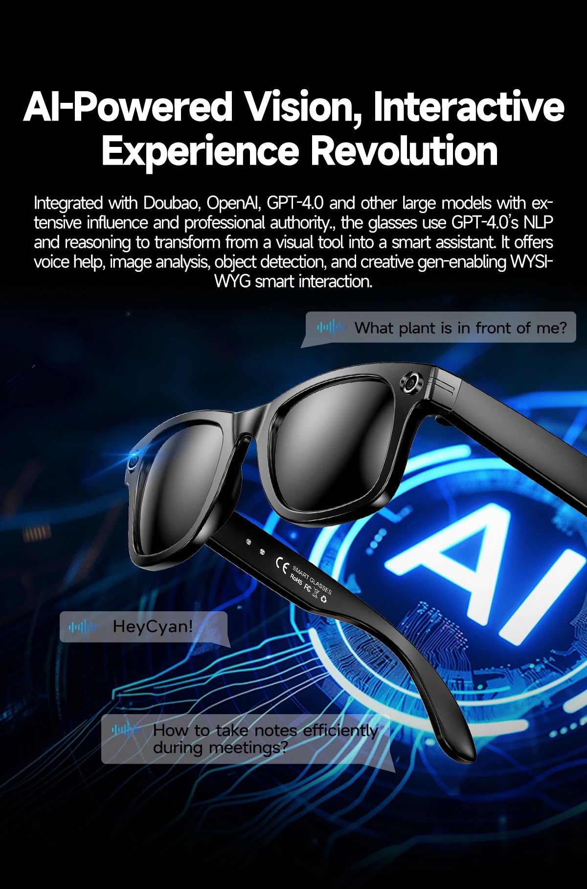 Black VisionAI smart glasses showing premium design details on white background