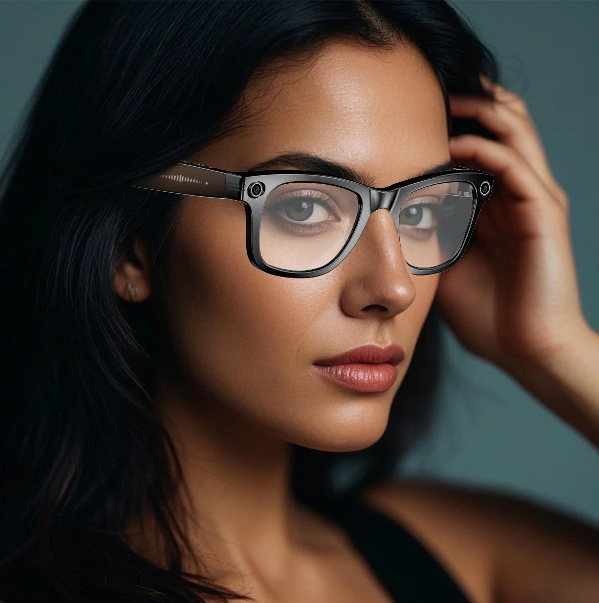 Black VisionAI smart glasses showing premium design details on white background