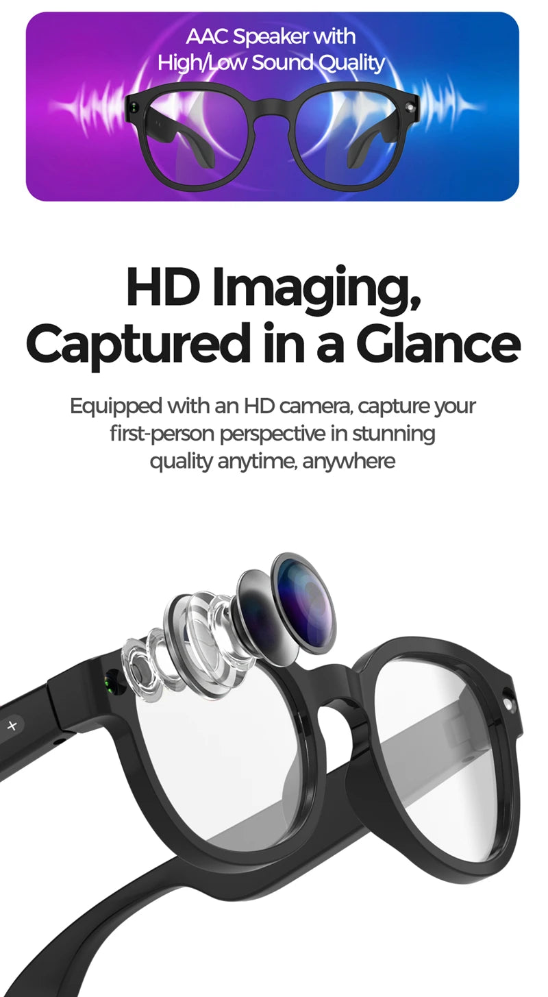 Black VisionAI smart glasses showing premium design details on white background