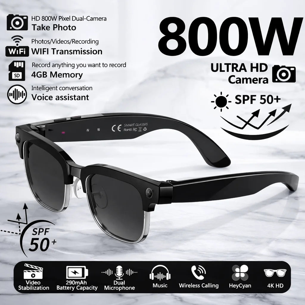 Black VisionAI smart glasses showing premium design details on white background