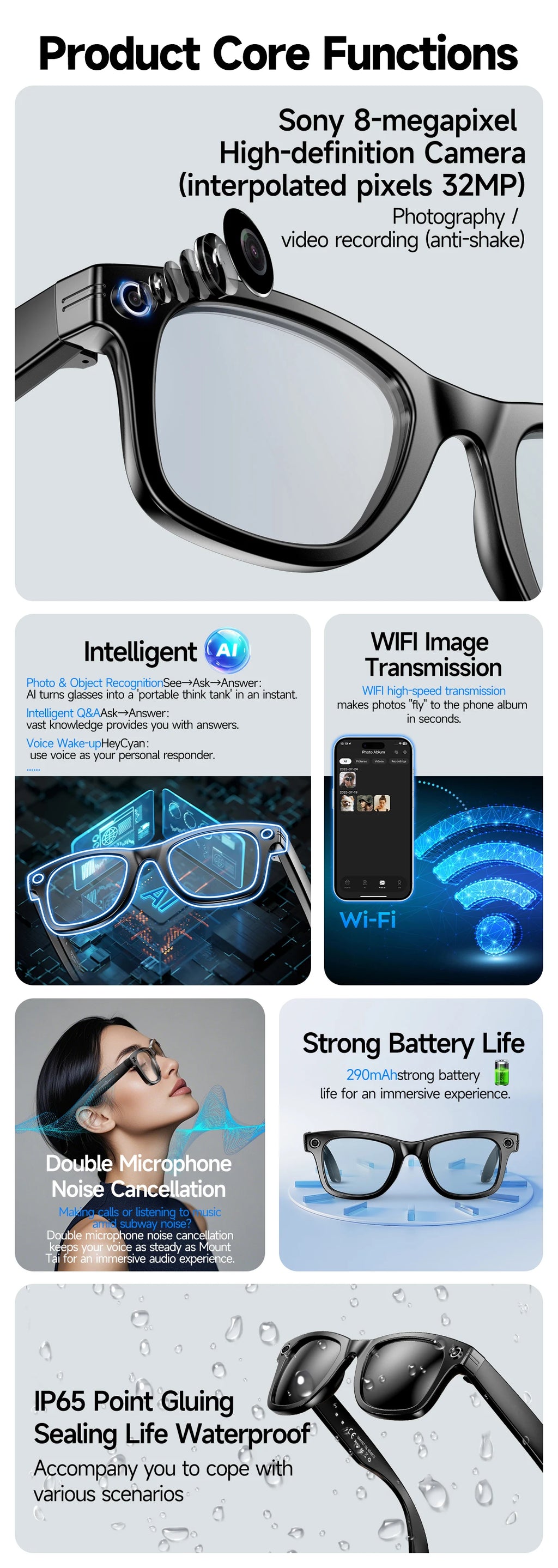 Black VisionAI smart glasses showing premium design details on white background