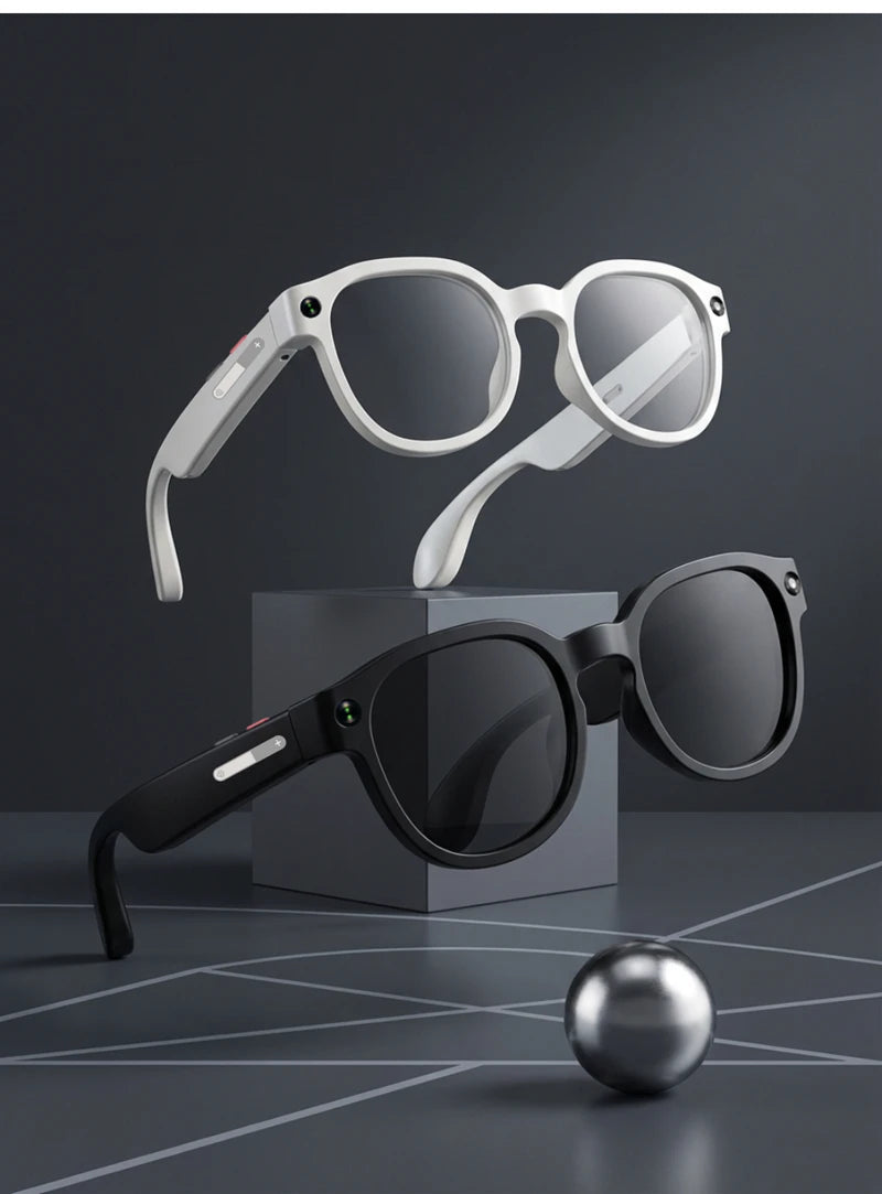 Black VisionAI smart glasses showing premium design details on white background
