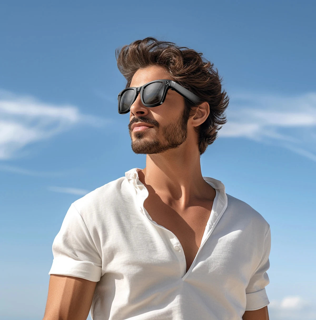 Black VisionAI smart glasses showing premium design details on white background