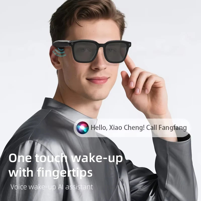 Black VisionAI smart glasses showing premium design details on white background
