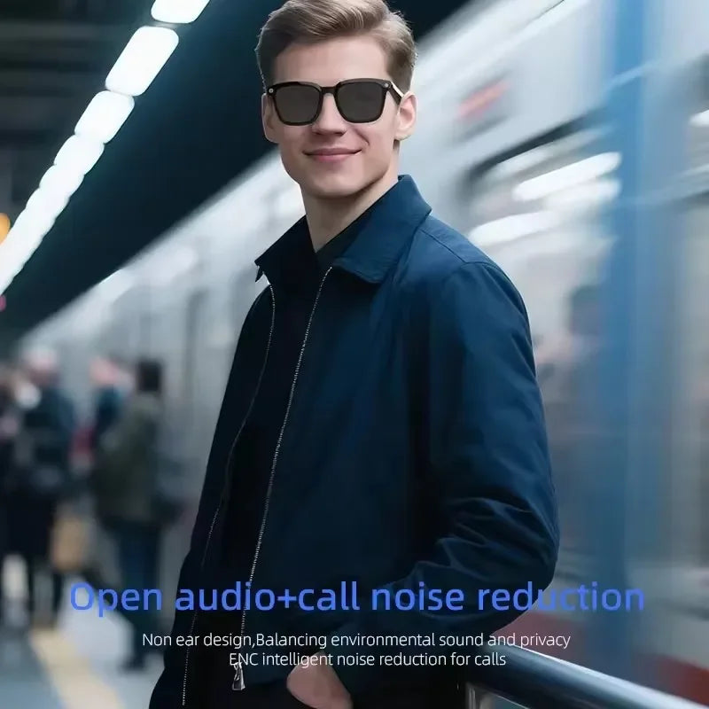 Black VisionAI smart glasses showing premium design details on white background